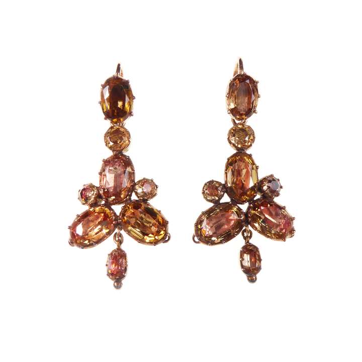 Pair of antique golden topaz cluster pendant earrings